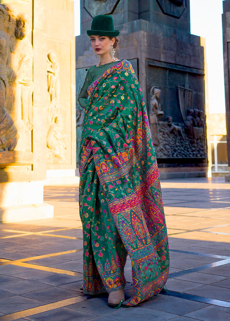 Green Kashmiri Silk Zari Woven Saree for Festival