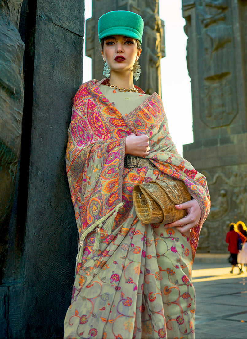 Mint Green Kashmiri Silk Zari Woven Saree for Festival
