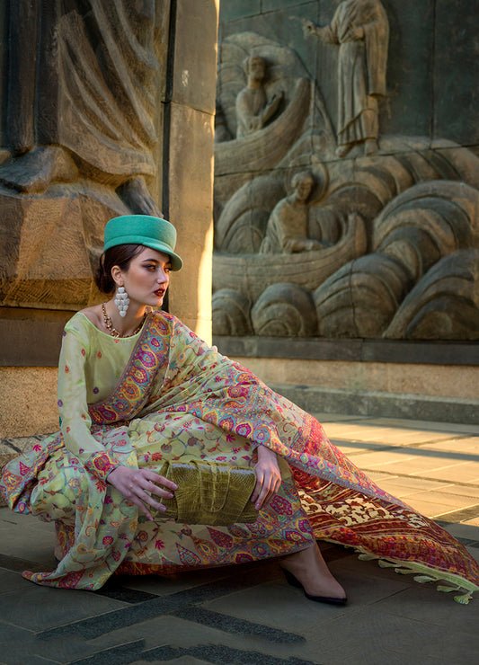 Mint Green Kashmiri Silk Zari Woven Saree for Festival
