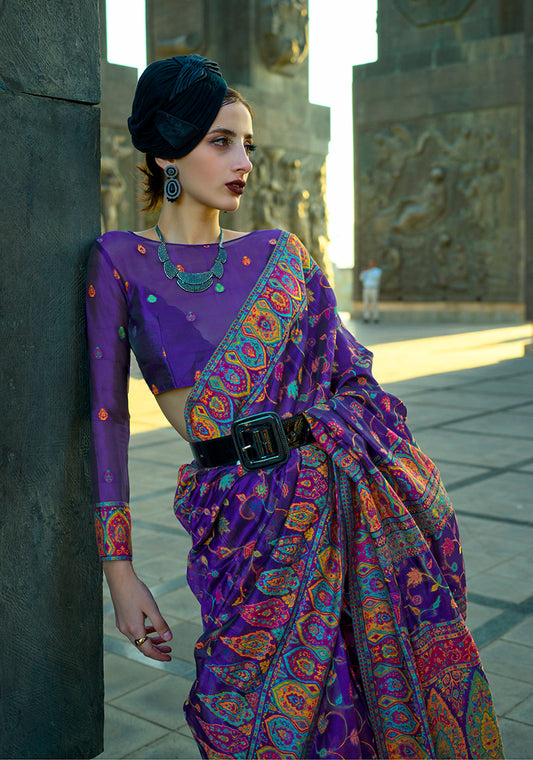 Violet Kashmiri Silk Zari Woven Saree for Festival