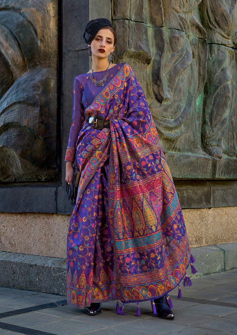 Violet Kashmiri Silk Zari Woven Saree for Festival
