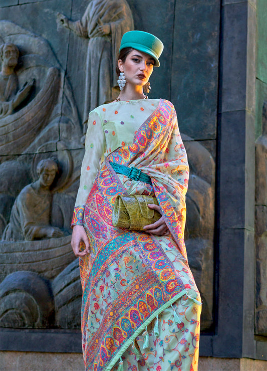 Light Cyan Kashmiri Silk Zari Woven Saree for Festival