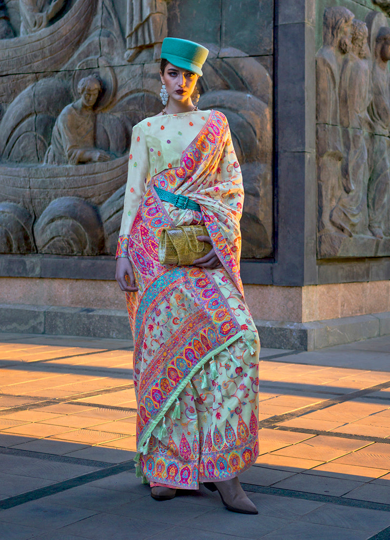Light Cyan Kashmiri Silk Zari Woven Saree for Festival