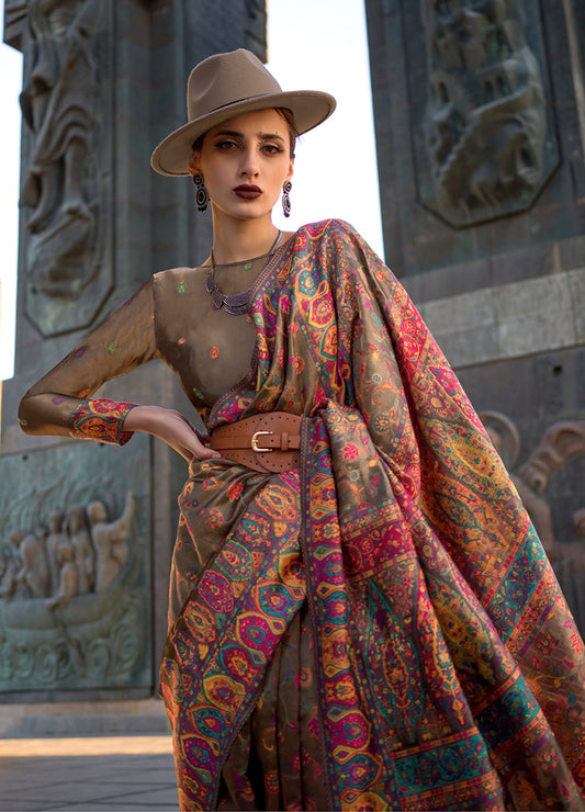 Brown Kashmiri Silk Zari Woven Saree for Festival