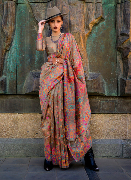 Brown Kashmiri Silk Zari Woven Saree for Festival
