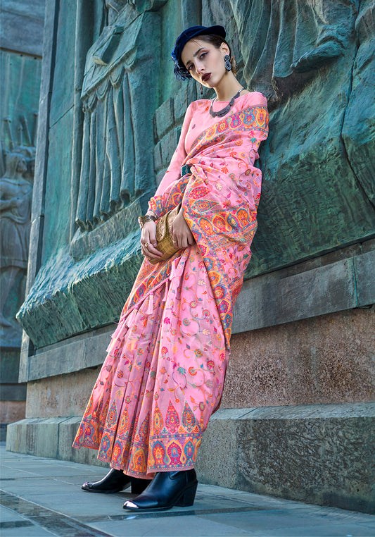 Pink Kashmiri Silk Zari Woven Saree for Festival
