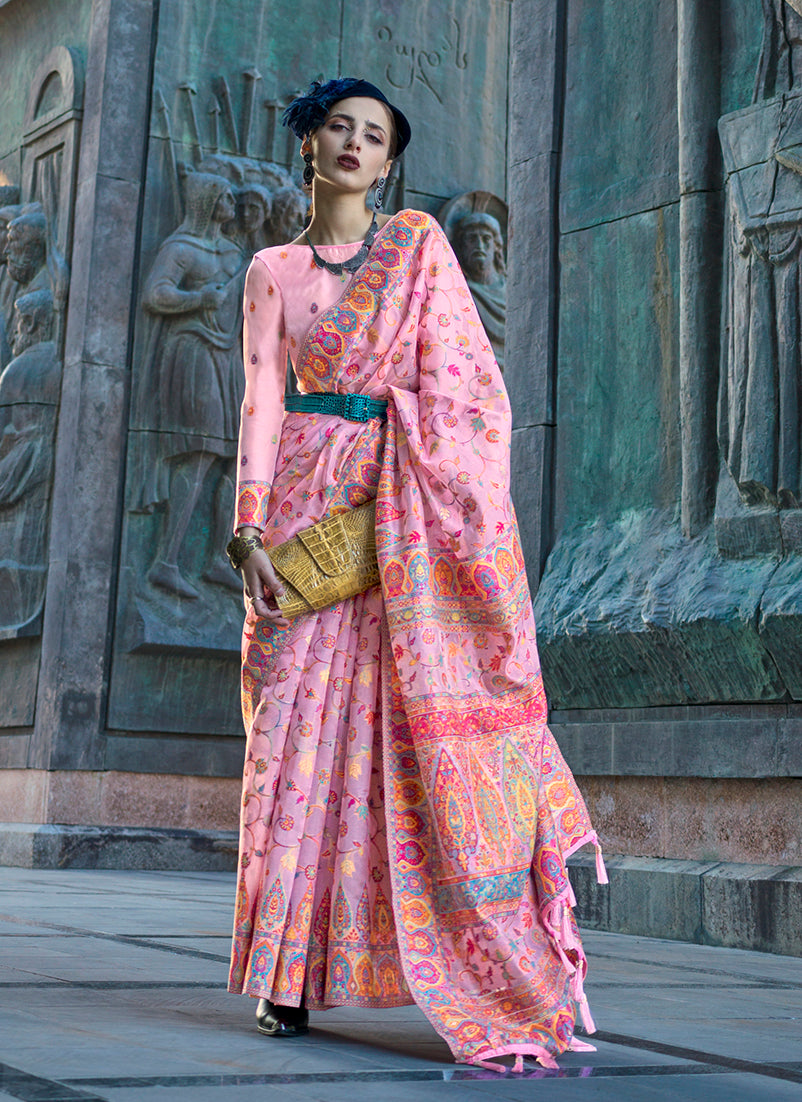 Pink Kashmiri Silk Zari Woven Saree for Festival