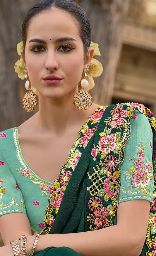 Dark green Organza Silk Embroidered Party Wear Saree