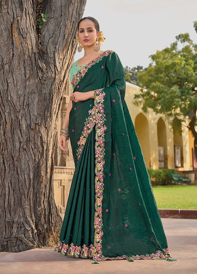 Dark green Organza Silk Embroidered Party Wear Saree