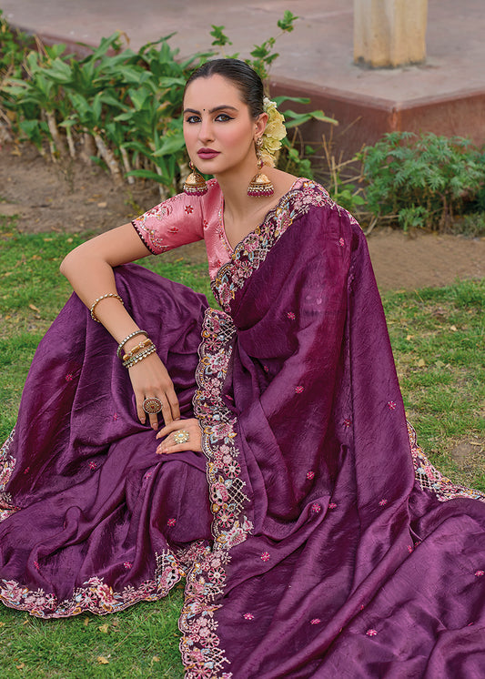 Dark Purple Organza Silk Embroidered Party Wear Saree