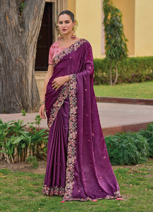 Dark Purple Organza Silk Embroidered Party Wear Saree