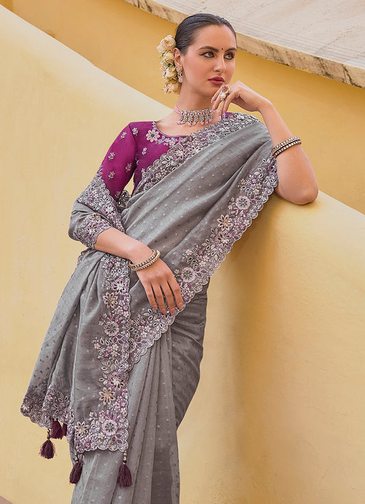 Grey Organza Silk Embroidered Party Wear Saree