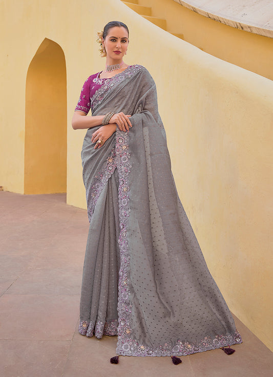 Grey Organza Silk Embroidered Party Wear Saree