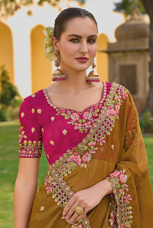 Light Brown Organza Silk Embroidered Party Wear Saree