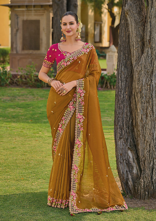 Light Brown Organza Silk Embroidered Party Wear Saree