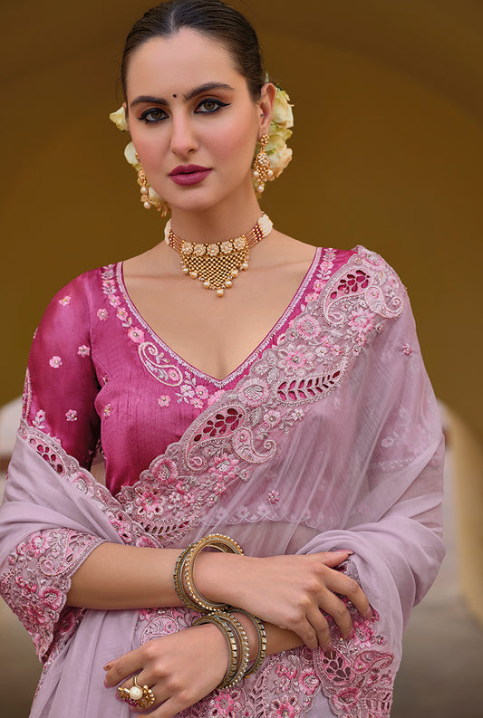 Baby Pink Organza Silk Embroidered Party Wear Saree