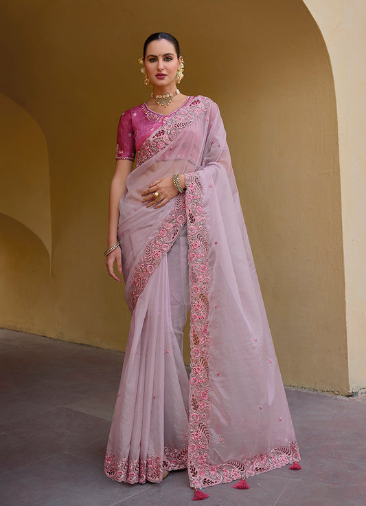 Baby Pink Organza Silk Embroidered Party Wear Saree