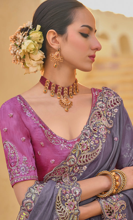 Dark Grey Organza Silk Embroidered Party Wear Saree