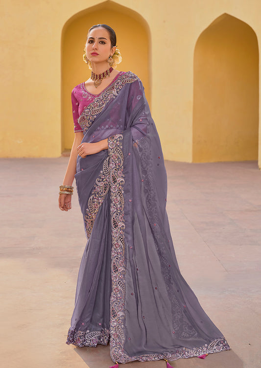 Dark Grey Organza Silk Embroidered Party Wear Saree