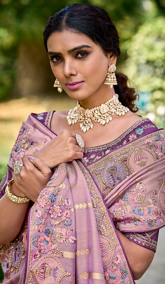 Mauve Banarasi Silk Embroidered Woven Saree with Blouse