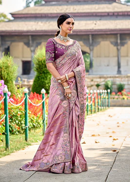 Mauve Banarasi Silk Embroidered Woven Saree with Blouse