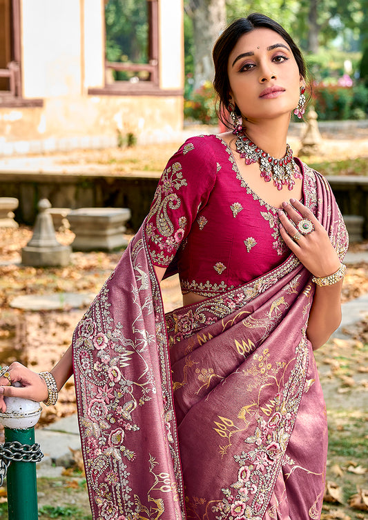 Dark Mauve Banarasi Silk Embroidered Woven Saree with Blouse