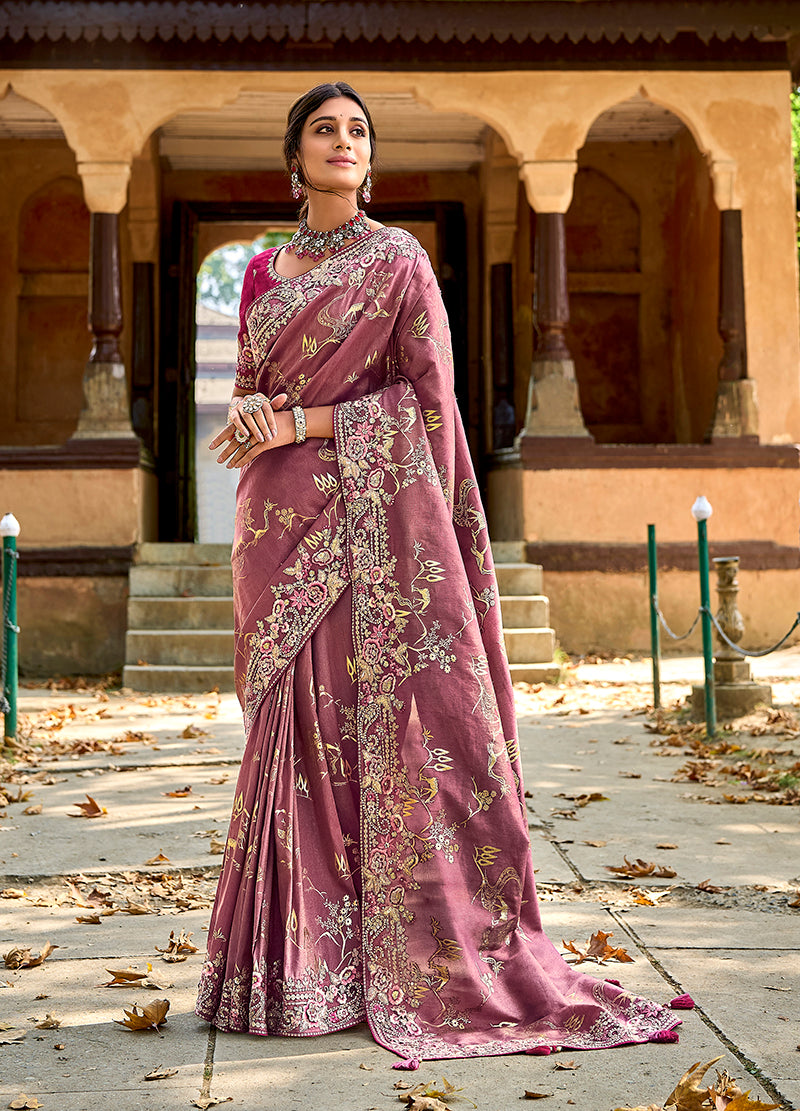 Dark Mauve Banarasi Silk Embroidered Woven Saree with Blouse