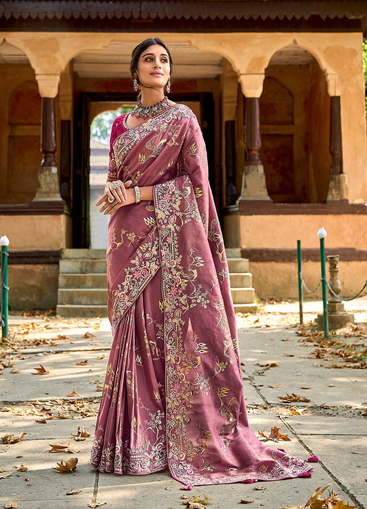 Dark Mauve Banarasi Silk Embroidered Woven Saree with Blouse