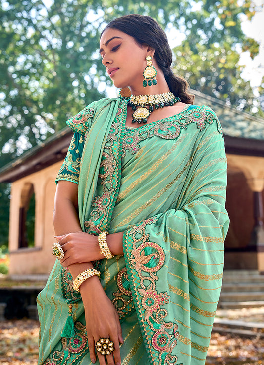 Sea Green Banarasi Silk Embroidered Woven Saree with Blouse