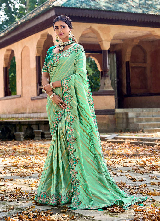 Sea Green Banarasi Silk Embroidered Woven Saree with Blouse