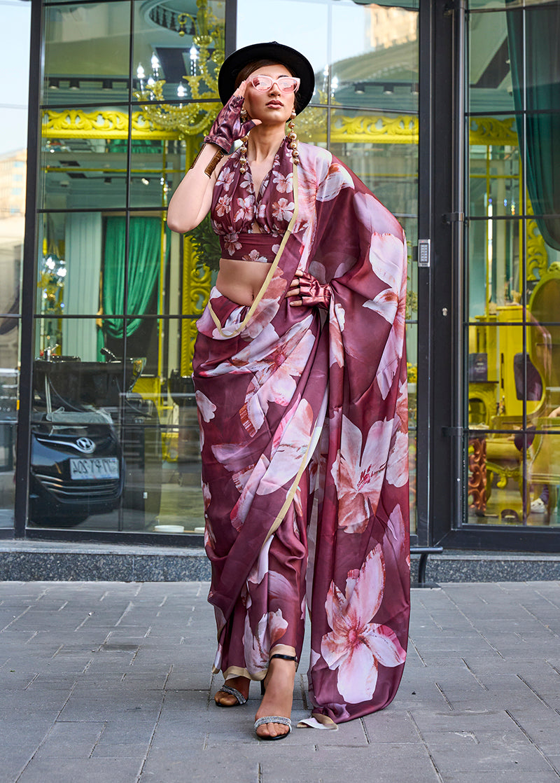 Wine Printed Georgette Saree for Evening Glam