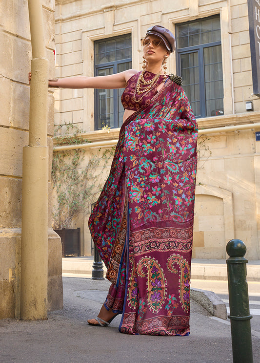 Wine Printed Georgette Saree for Evening Glam