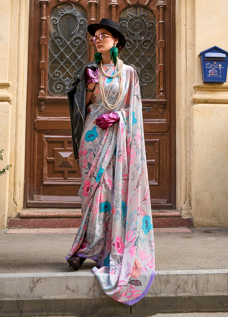 Gray Printed Georgette Saree for Evening Glam