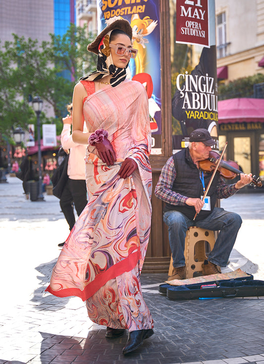 Peach Printed Satin Crepe Saree for Evening Glam