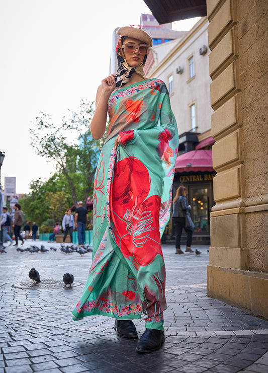 Sea Green Printed Satin Crepe Saree for Evening Glam