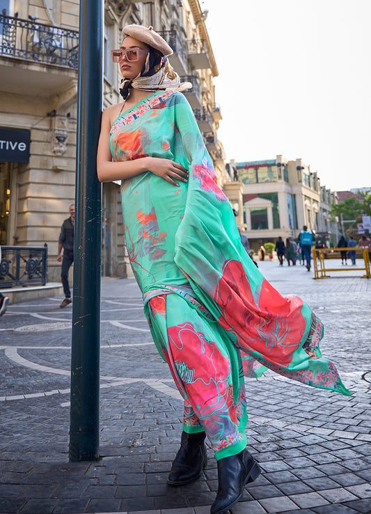 Sea Green Printed Satin Crepe Saree for Evening Glam