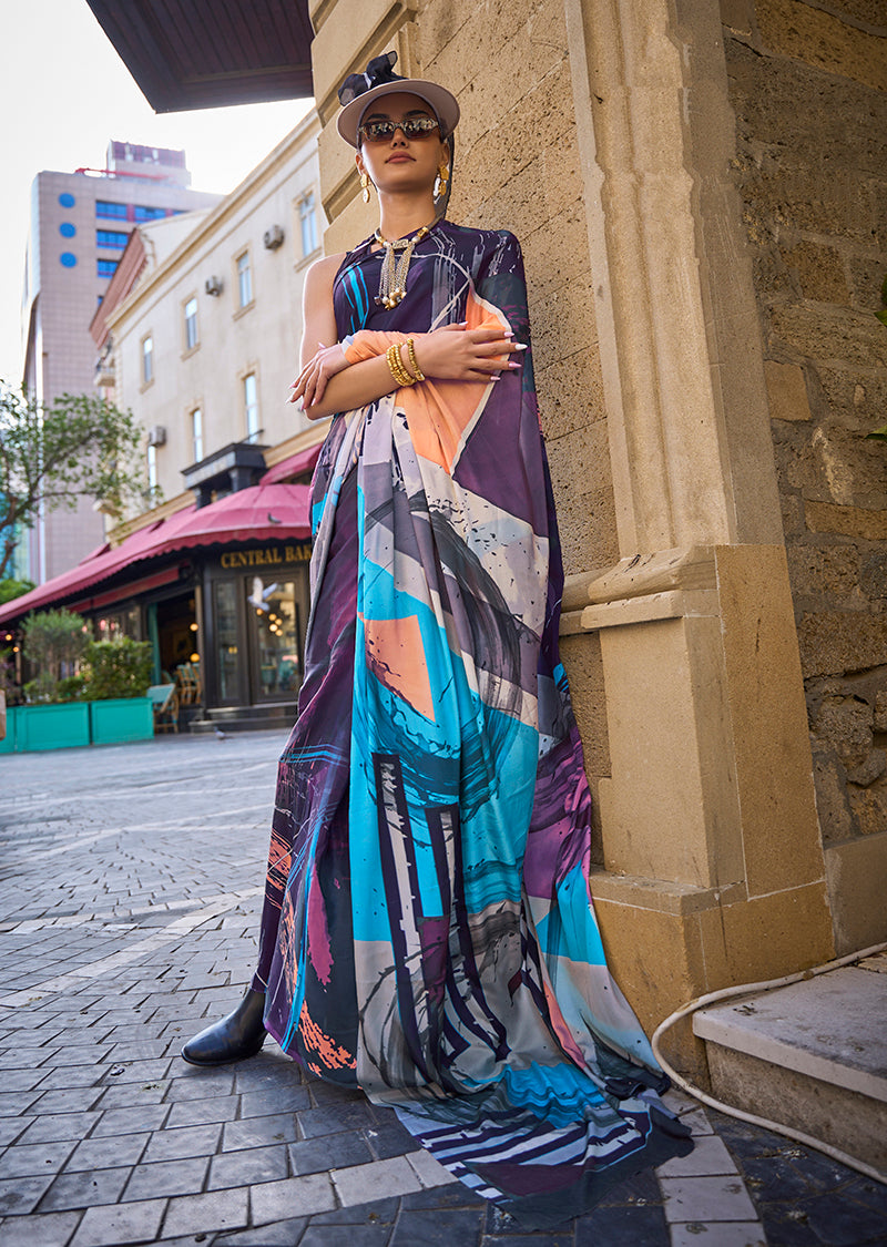 Multi Printed Satin Crepe Saree for Evening Glam