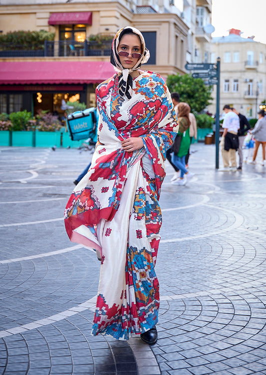 Off-White Printed Satin Crepe Saree for Evening Glam