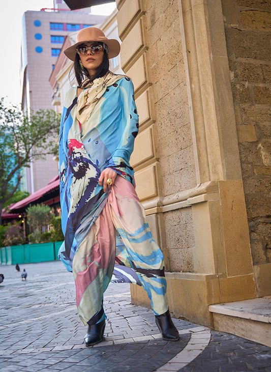 Multi Printed Satin Crepe Saree for Evening Glam