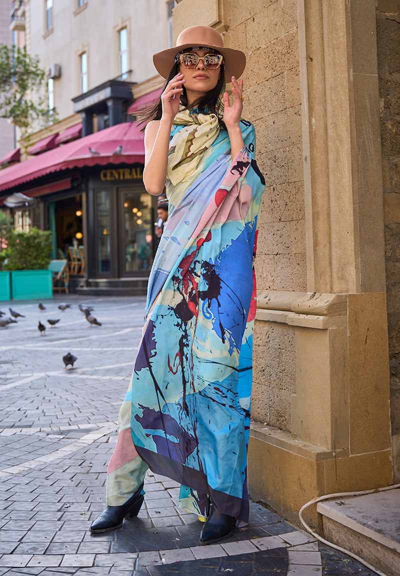 Multi Printed Satin Crepe Saree for Evening Glam