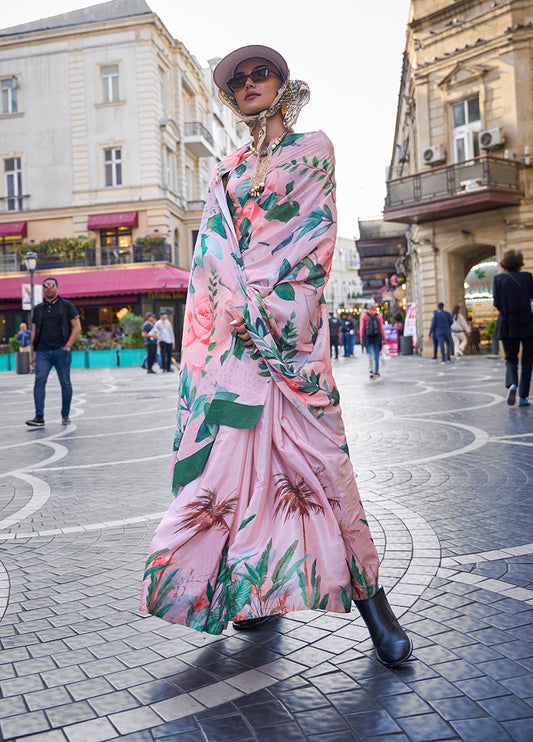 Rose Pink Printed Satin Crepe Saree for Evening Glam