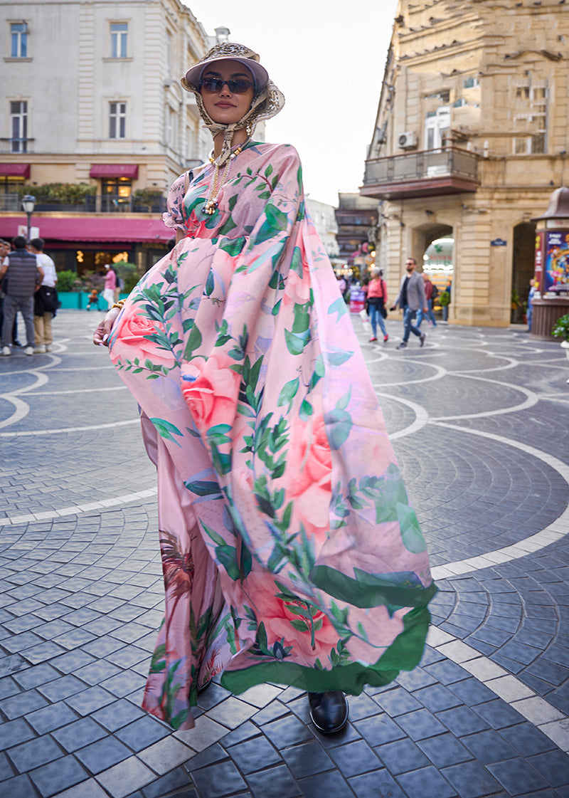 Rose Pink Printed Satin Crepe Saree for Evening Glam