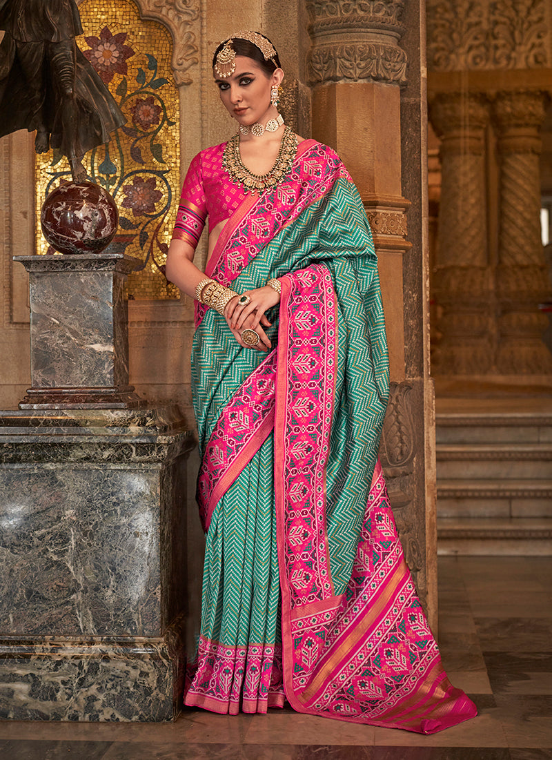 Sea Green Silk Patola Print Work Saree