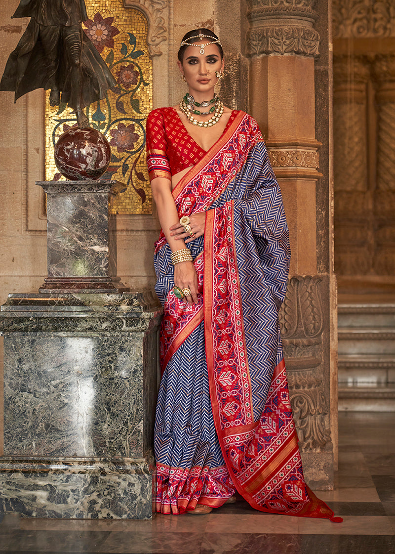 Navy Blue Silk Patola Print Work Saree