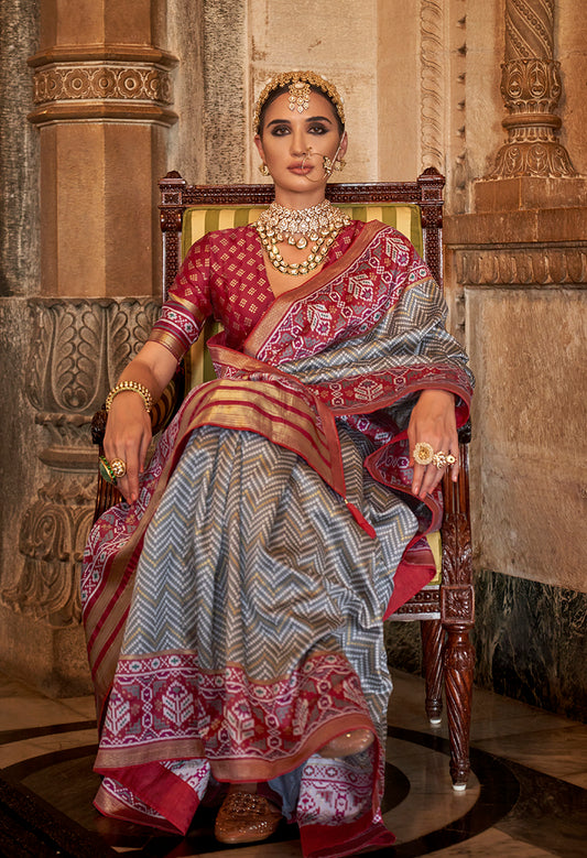 Grey Silk Patola Print Work Saree