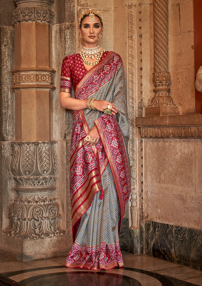 Grey Silk Patola Print Work Saree