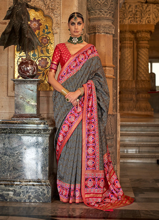 Black Silk Patola Print Work Saree