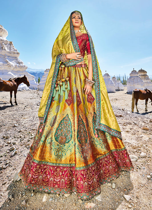 Lime Green Banarasi Silk Lehenga with Jacquard Weave