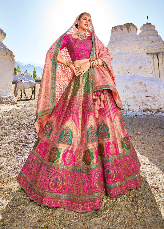 Pink Banarasi Silk Lehenga with Jacquard Weave