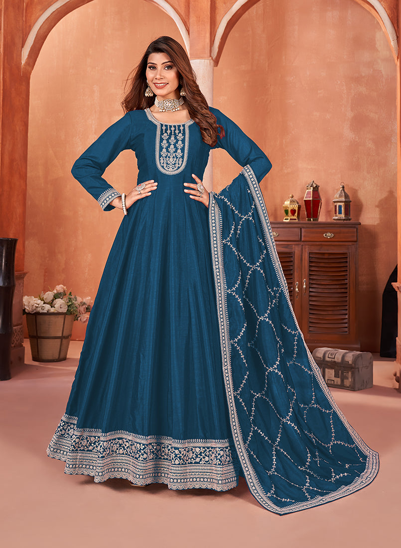 Dark Teal Art silk Embroidered Ethnic Wear Suit